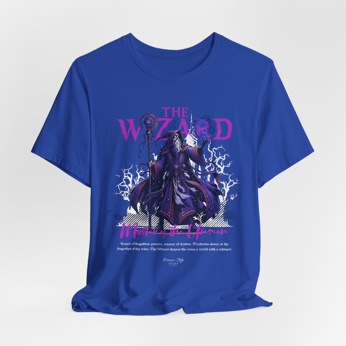 The Wizard t-shirt in True Royal — Regal power crackling through ether.