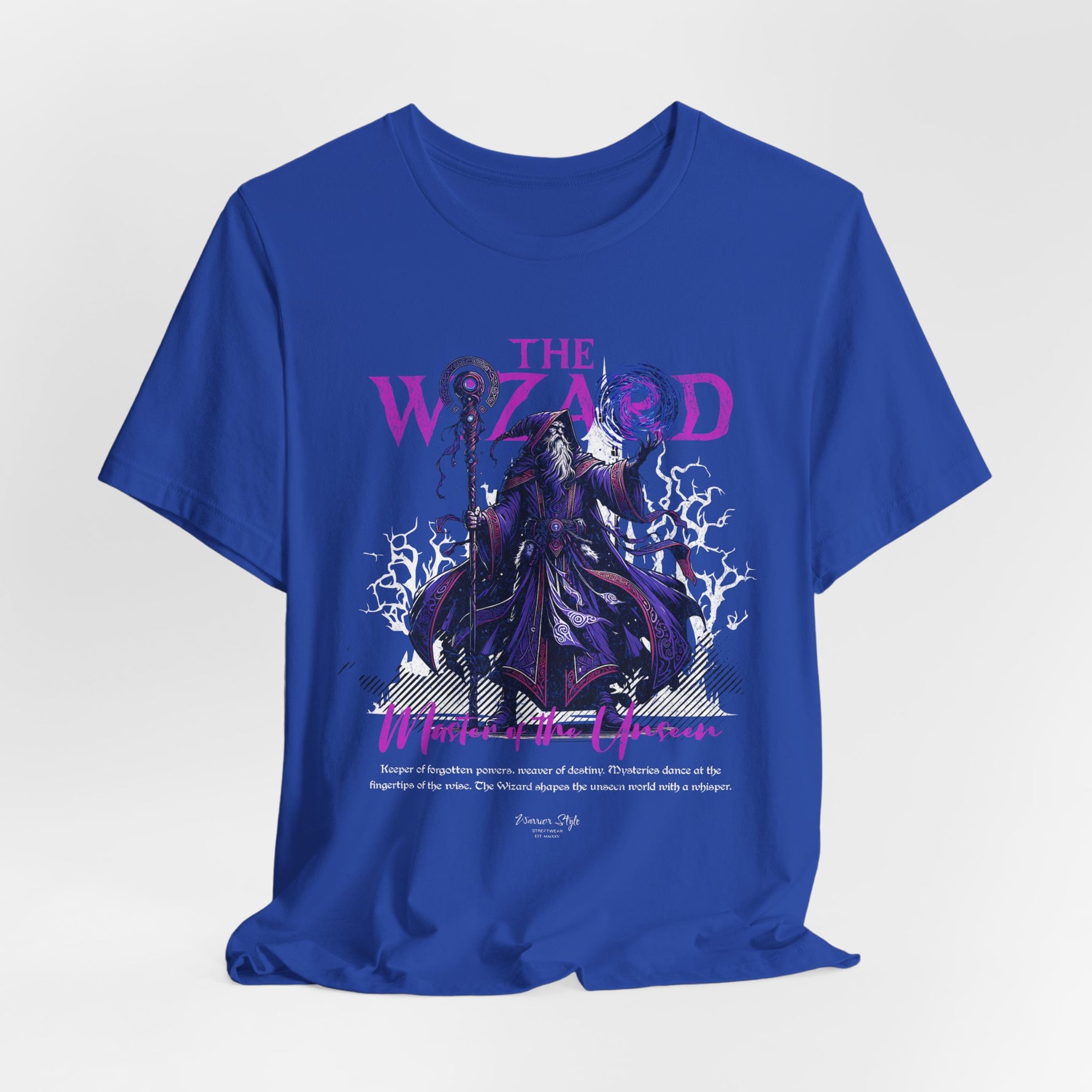 The Wizard t-shirt in True Royal — Regal power crackling through ether.