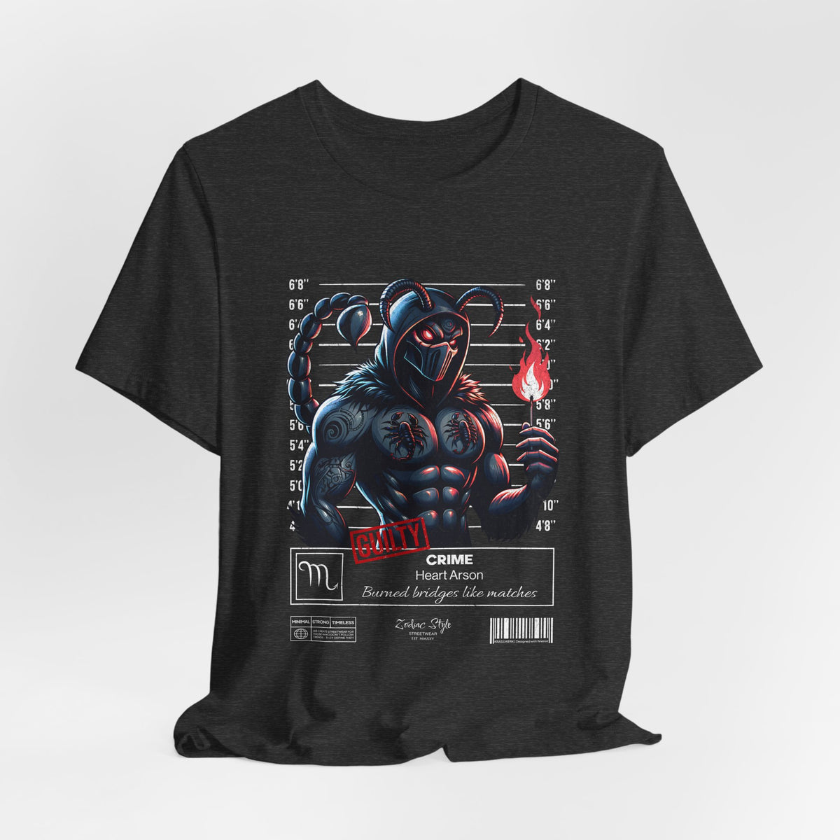 The SCORPIO t-shirt in Dark Heather Grey — 3D mockup showing shirt color Dark Heather Grey. No background. No model.