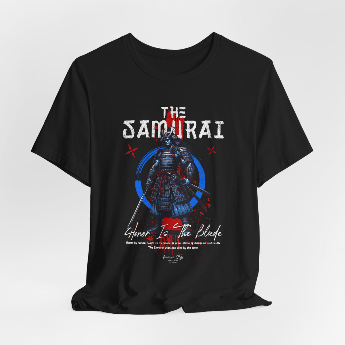 The Samurai t-shirt in Black — shadowed edge of discipline and death.