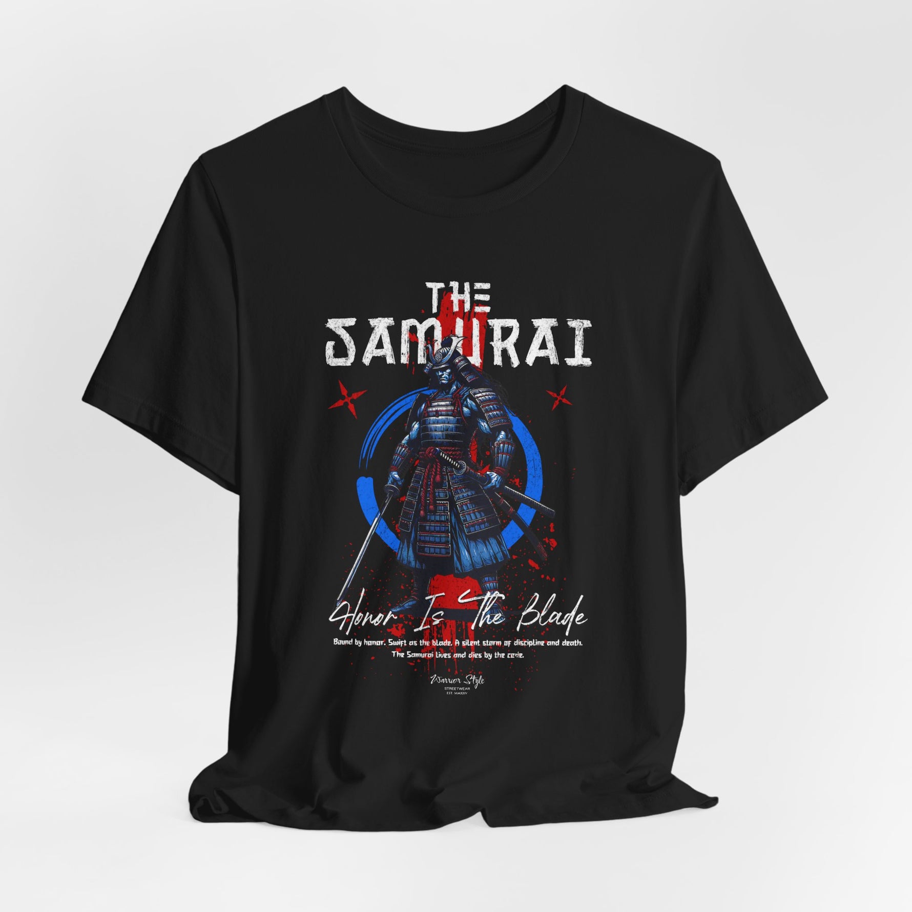 The Samurai t-shirt in Black — shadowed edge of discipline and death.