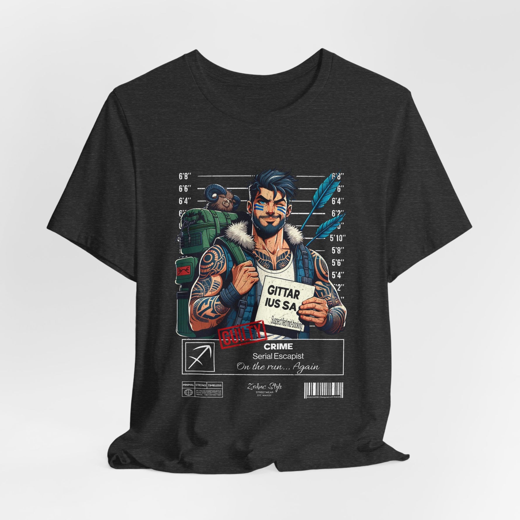 The SAGITTARIUS t-shirt in Dark Heather Grey — muted dark grey tone reflecting strategic calm. 3D mockup on white background. No model included.