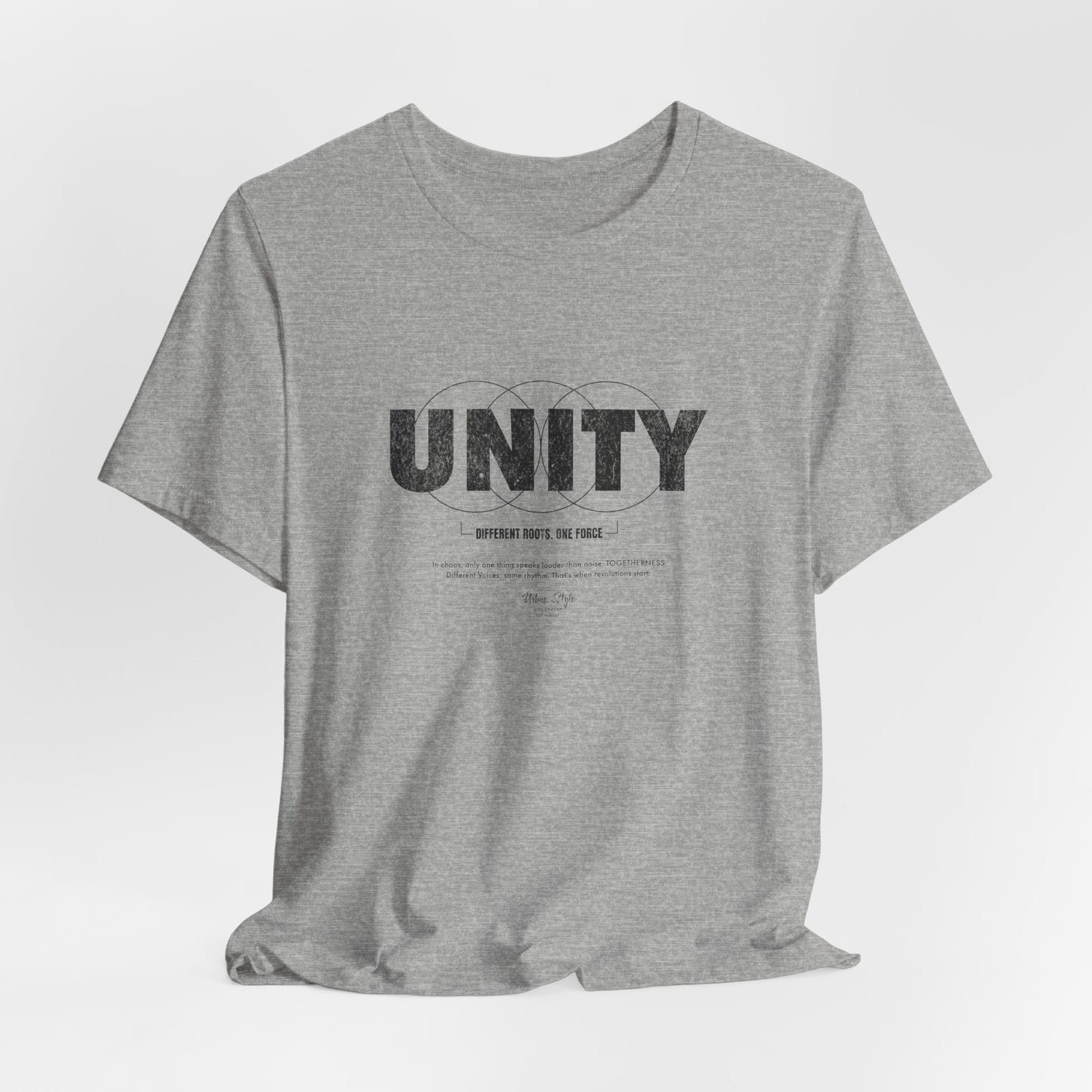 The UNITY t-shirt in Athletic Heather — light in tone, solid in conviction.