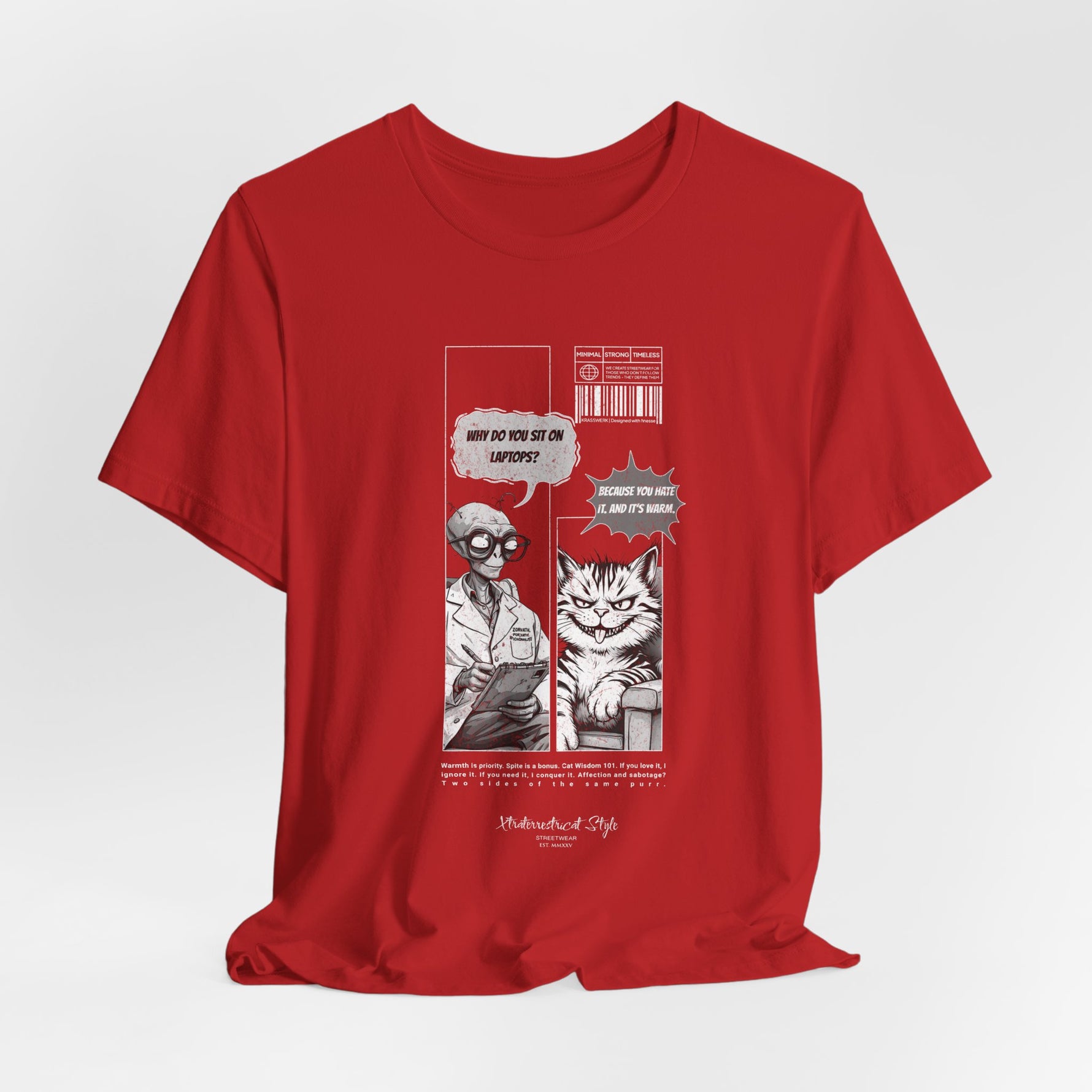 The SITONLAPTOPS t-shirt in Red — 3D mockup on a true red shirt, no model, no background. Design is bold and edgy.