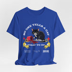 The No One Tells a Cat t-shirt in trueroyal — ghost mockup showing a bright royal blue tone with no background or model.