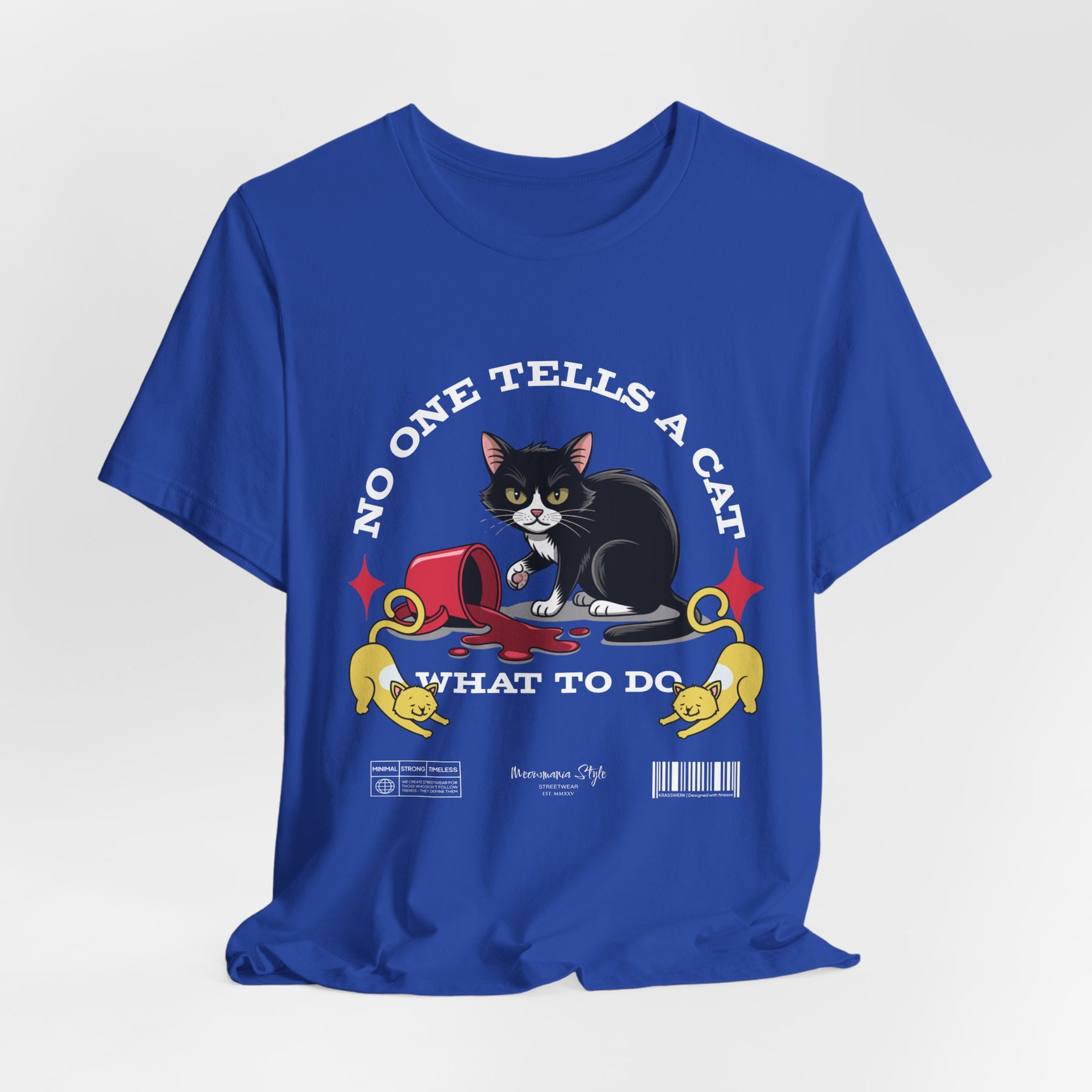 The No One Tells a Cat t-shirt in trueroyal — ghost mockup showing a bright royal blue tone with no background or model.