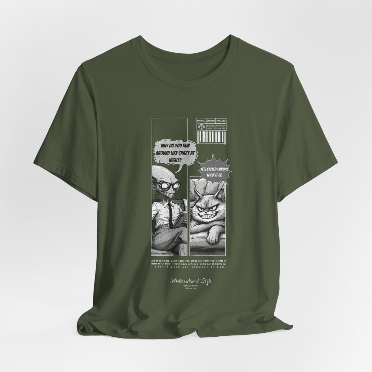 The CARDIO t-shirt in Military Green — 3D swatch showing muted army green fabric. Comic design visible. No model.