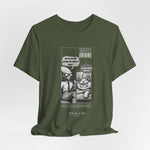 The CARDIO t-shirt in Military Green — 3D swatch showing muted army green fabric. Comic design visible. No model.