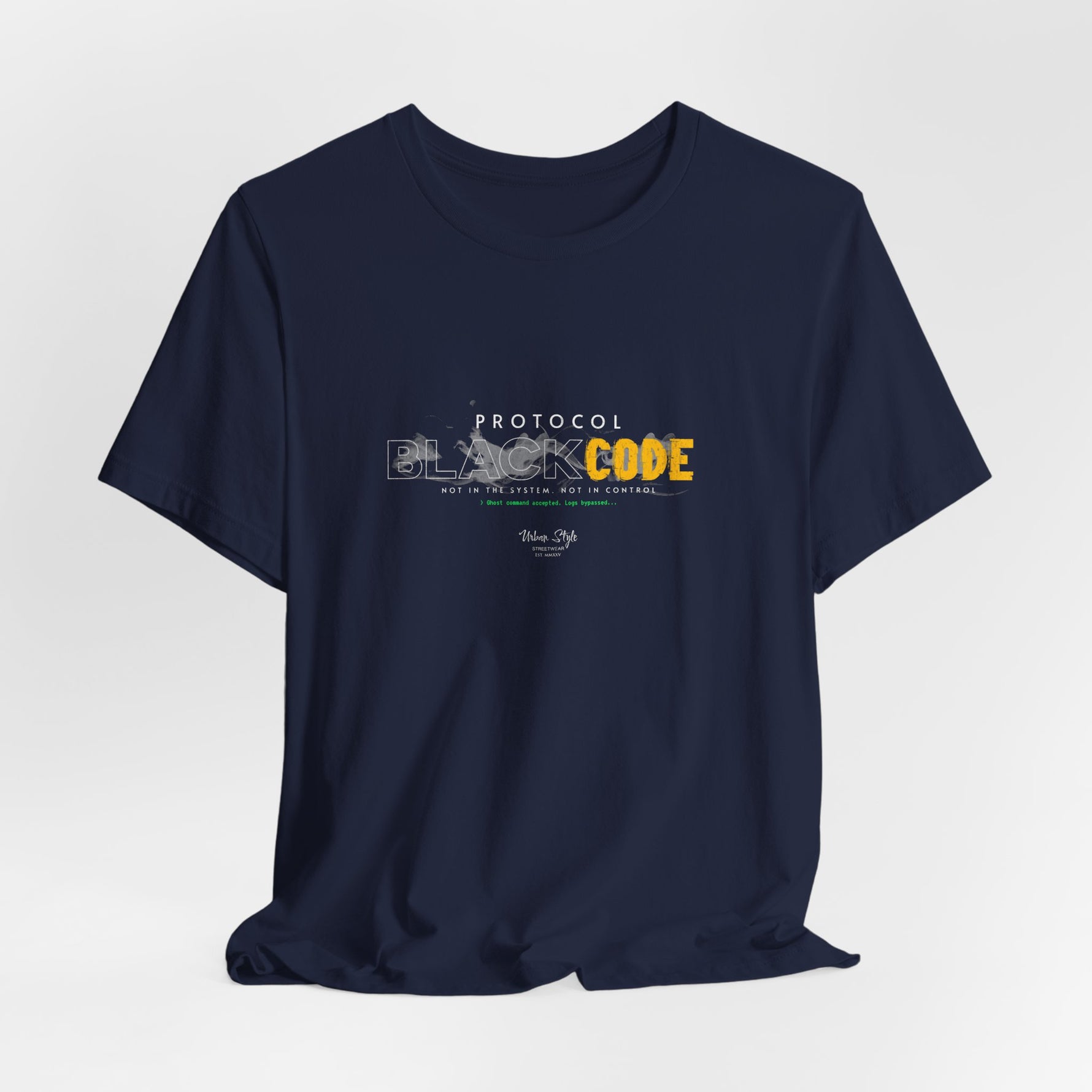 The PROTOCOL BLACKCODE t-shirt in Navy — cold precision, encrypted in darkness. 3D mockup of a t-shirt in navy blue. No model, no background.