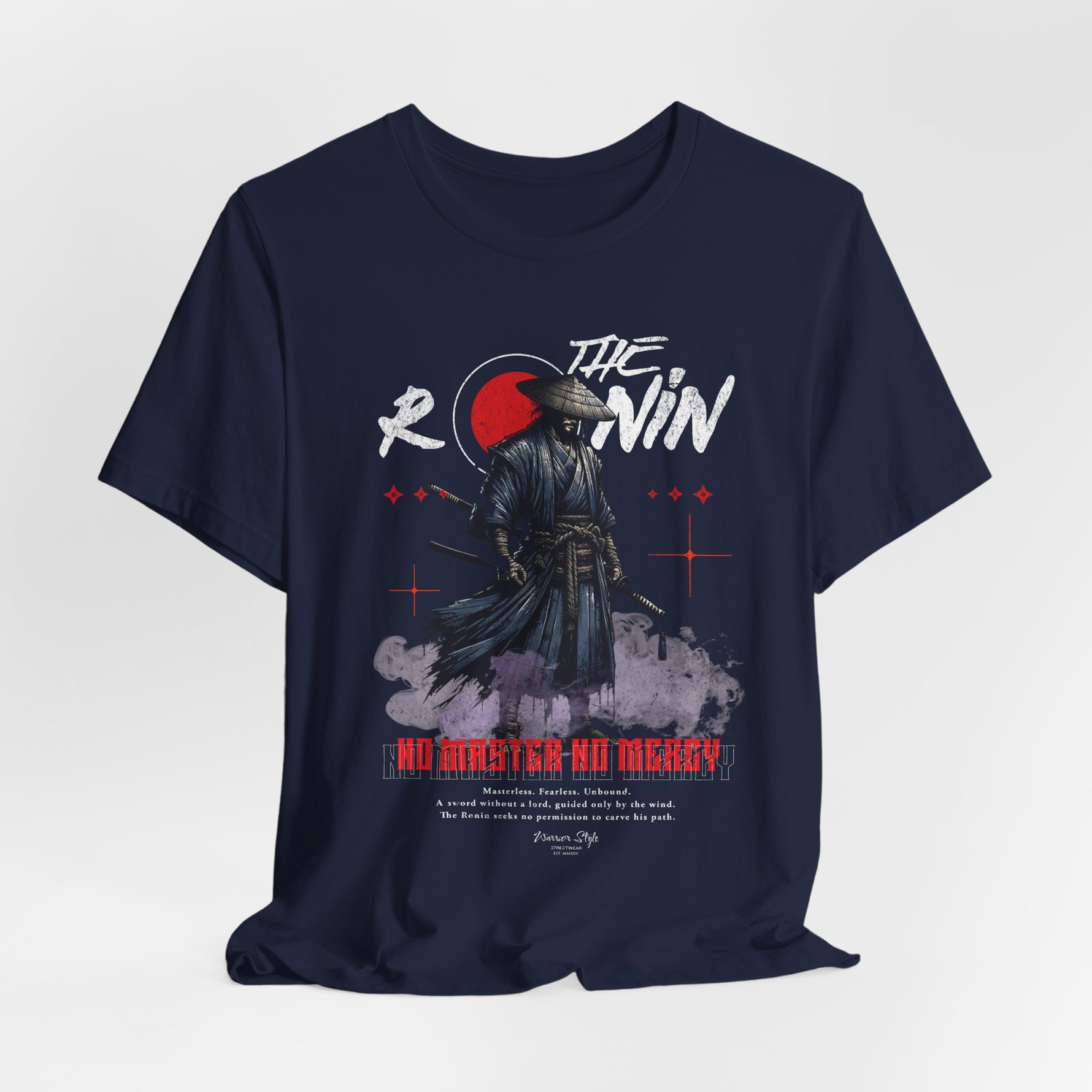 The Ronin t-shirt in Navy — beneath the storm, a warrior waits.