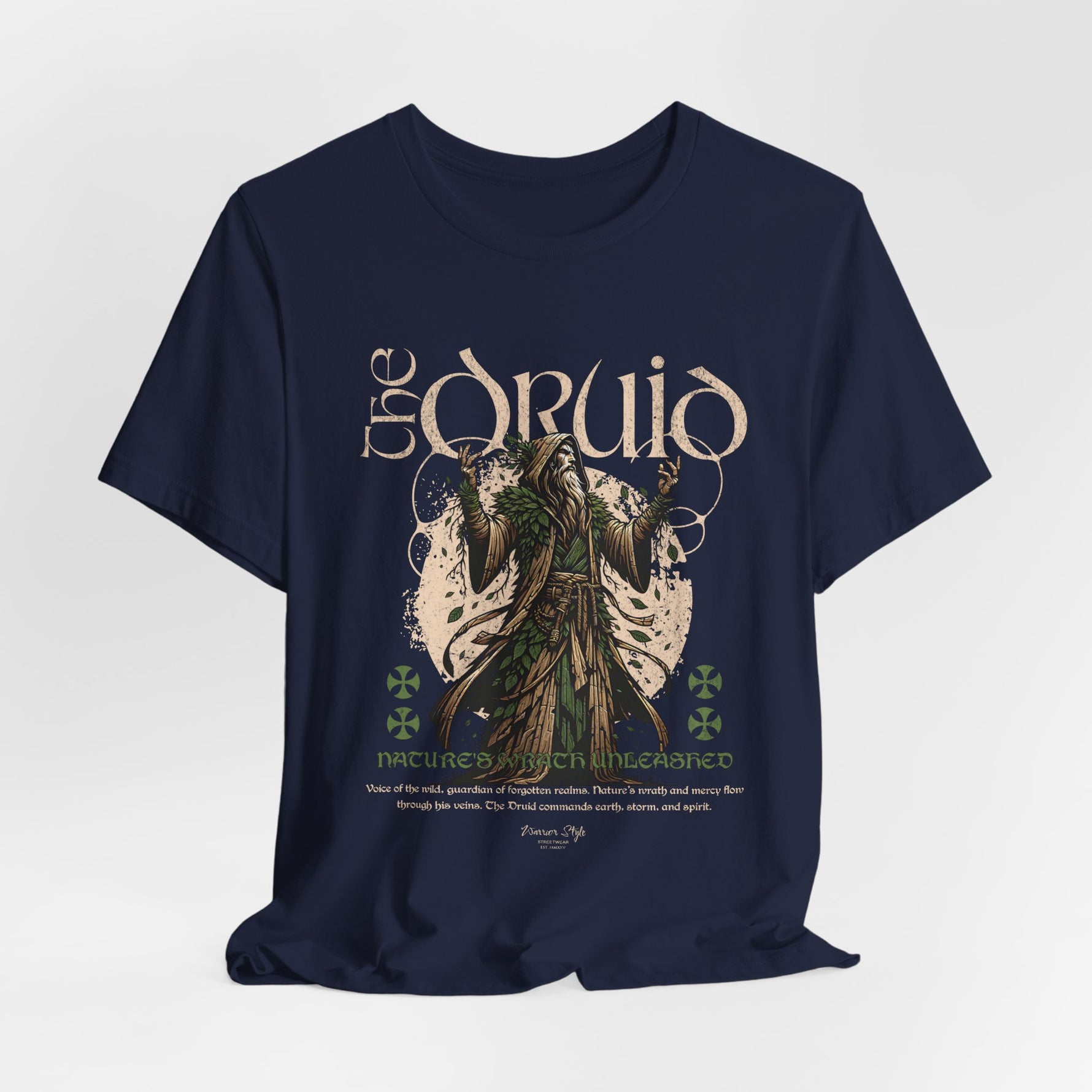 The DRUID t-shirt in Navy — like dusk over sacred waters, still and wise.