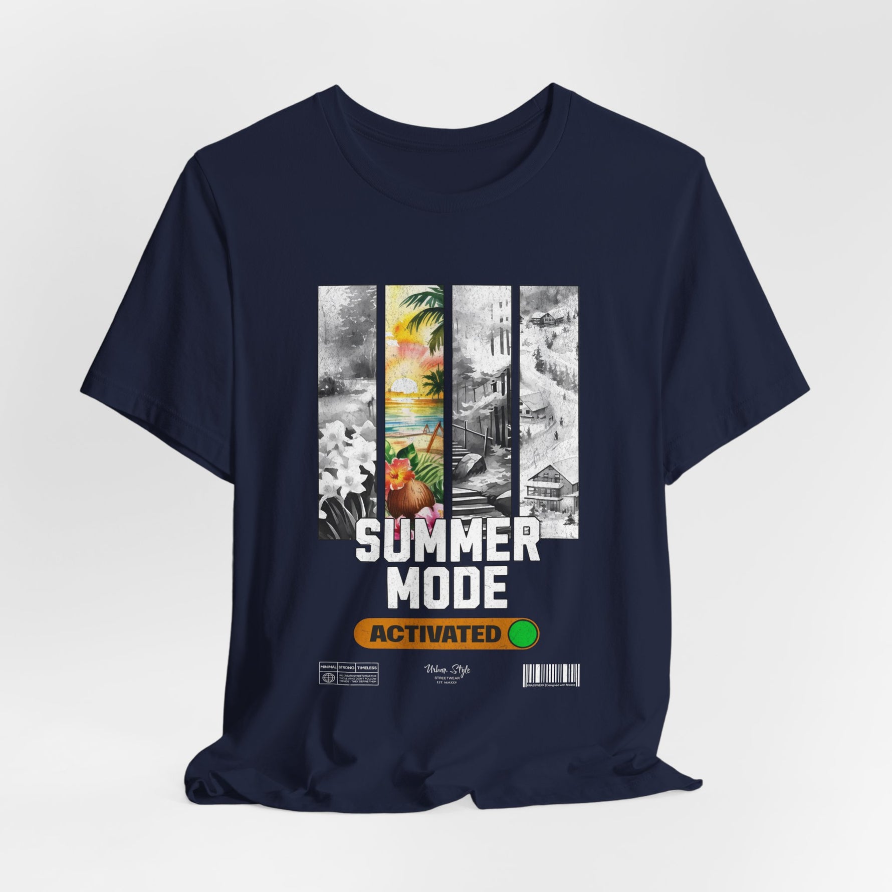 The SUMMER MODE t-shirt in navy — Ocean depths reimagined in wearable shade.