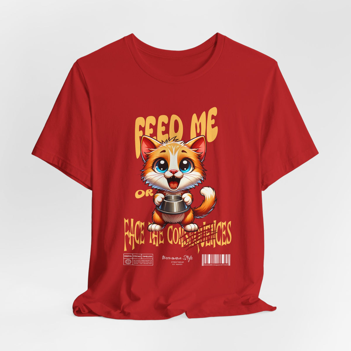 The FEED ME t-shirt in red — loud, fearless, and impossible to ignore — just like mealtime tantrums.