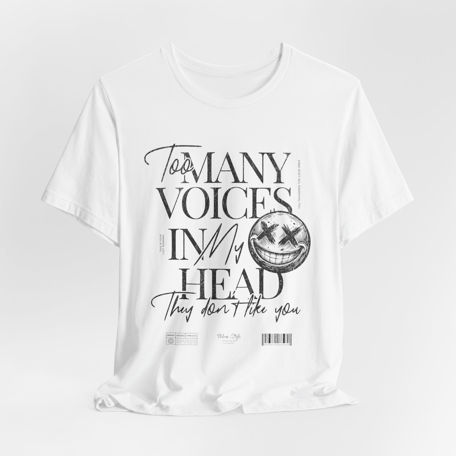 The MANY VOICES t-shirt in White — Don’t let the clean look fool you. It’s chaos in there.