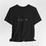 The LONDON t-shirt in black — 3D mockup on solid black fabric, white typography and flag pop clearly. No background, no model.