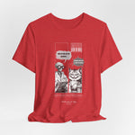 The SITONLAPTOPS t-shirt in Heather Red — 3D mockup on a soft red heather shirt, no model, no background. Manga design contrasts subtly.