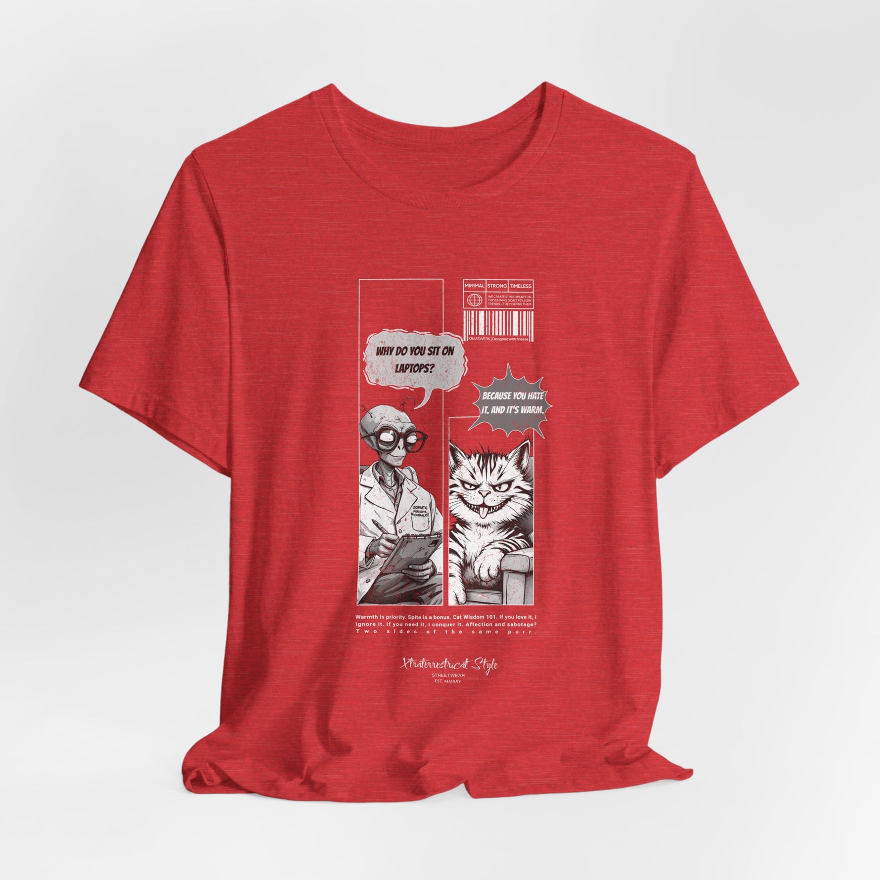 The SITONLAPTOPS t-shirt in Heather Red — 3D mockup on a soft red heather shirt, no model, no background. Manga design contrasts subtly.