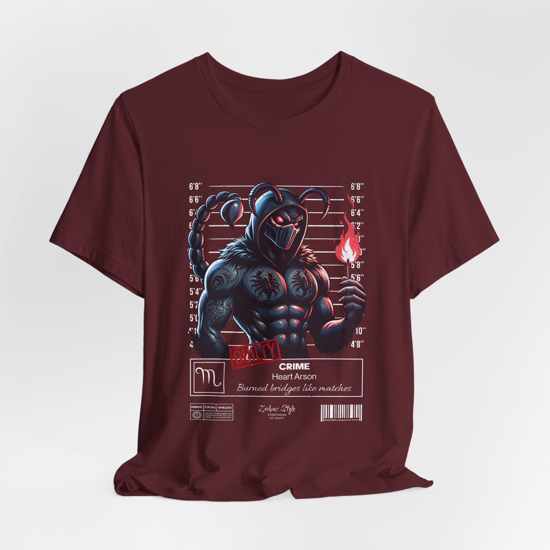 The SCORPIO t-shirt in Maroon — 3D mockup showing shirt color Maroon. No background. No model.