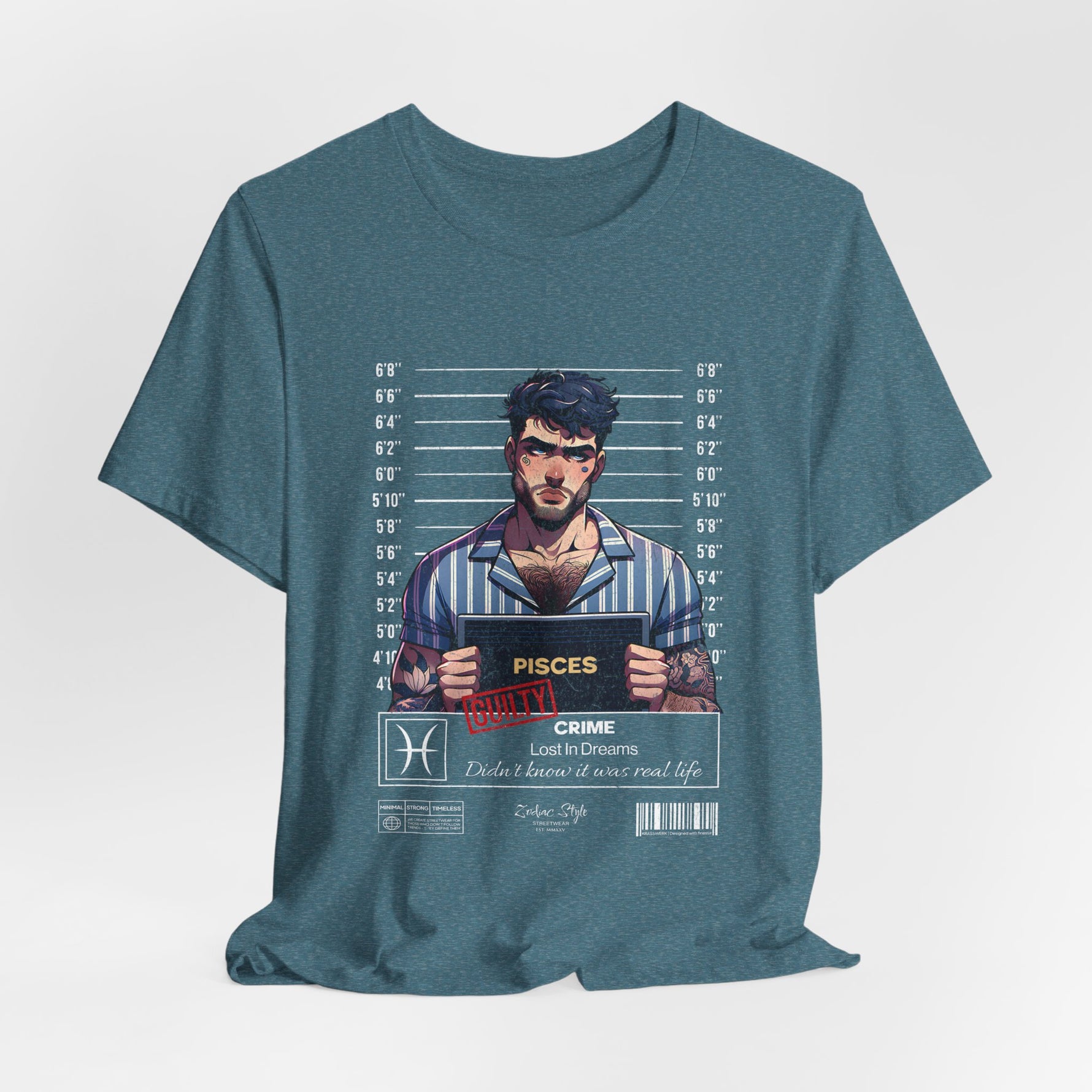 The PISCES t-shirt in Heather Deep Teal — soft, cool, and quietly detached.