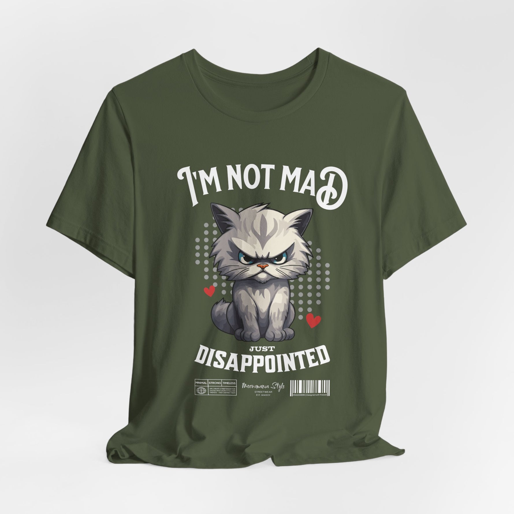 The NOT MAD t-shirt in Military Green — 3D mockup of an earthy green shirt; no background elements.