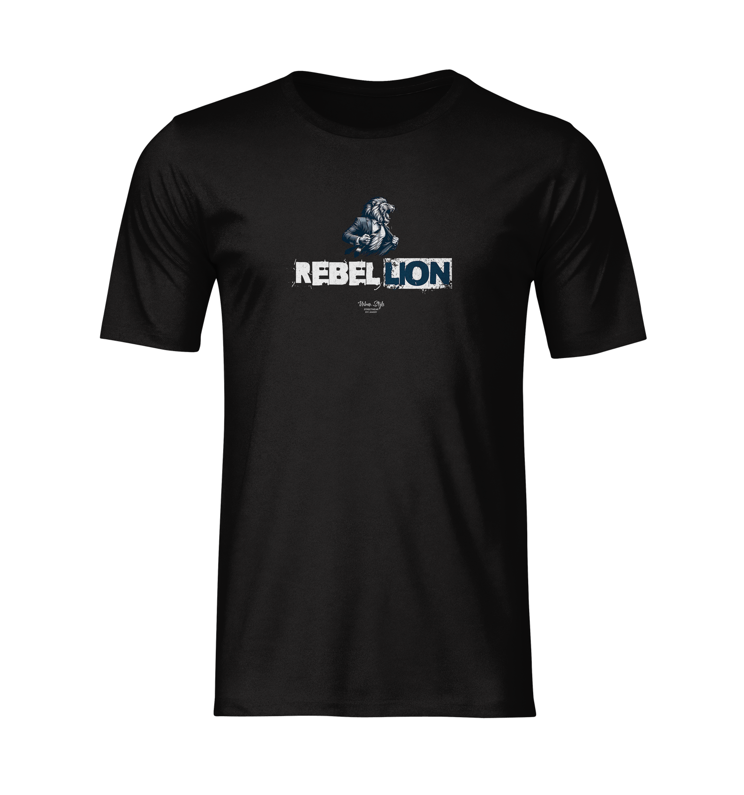 REBELLION black tee by KRASSWERK – ghost mockup with centered lion graphic, no model or background