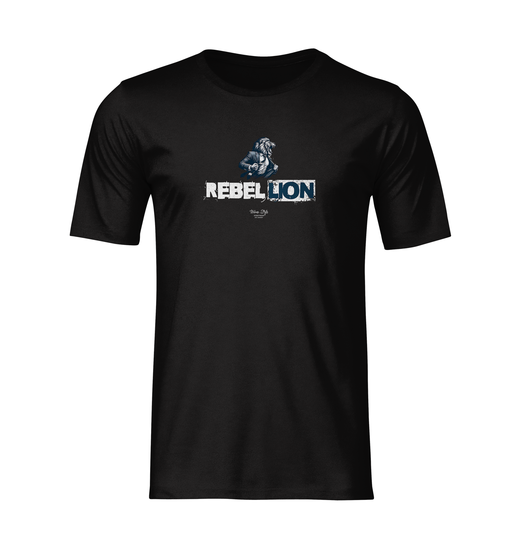 REBELLION black tee by KRASSWERK – ghost mockup with centered lion graphic, no model or background