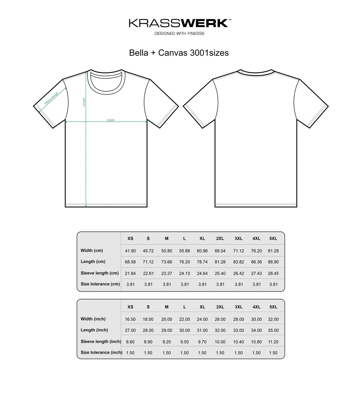 KRASSWERK - BELLA CANVAS 3001 Size Chart in inch and cm