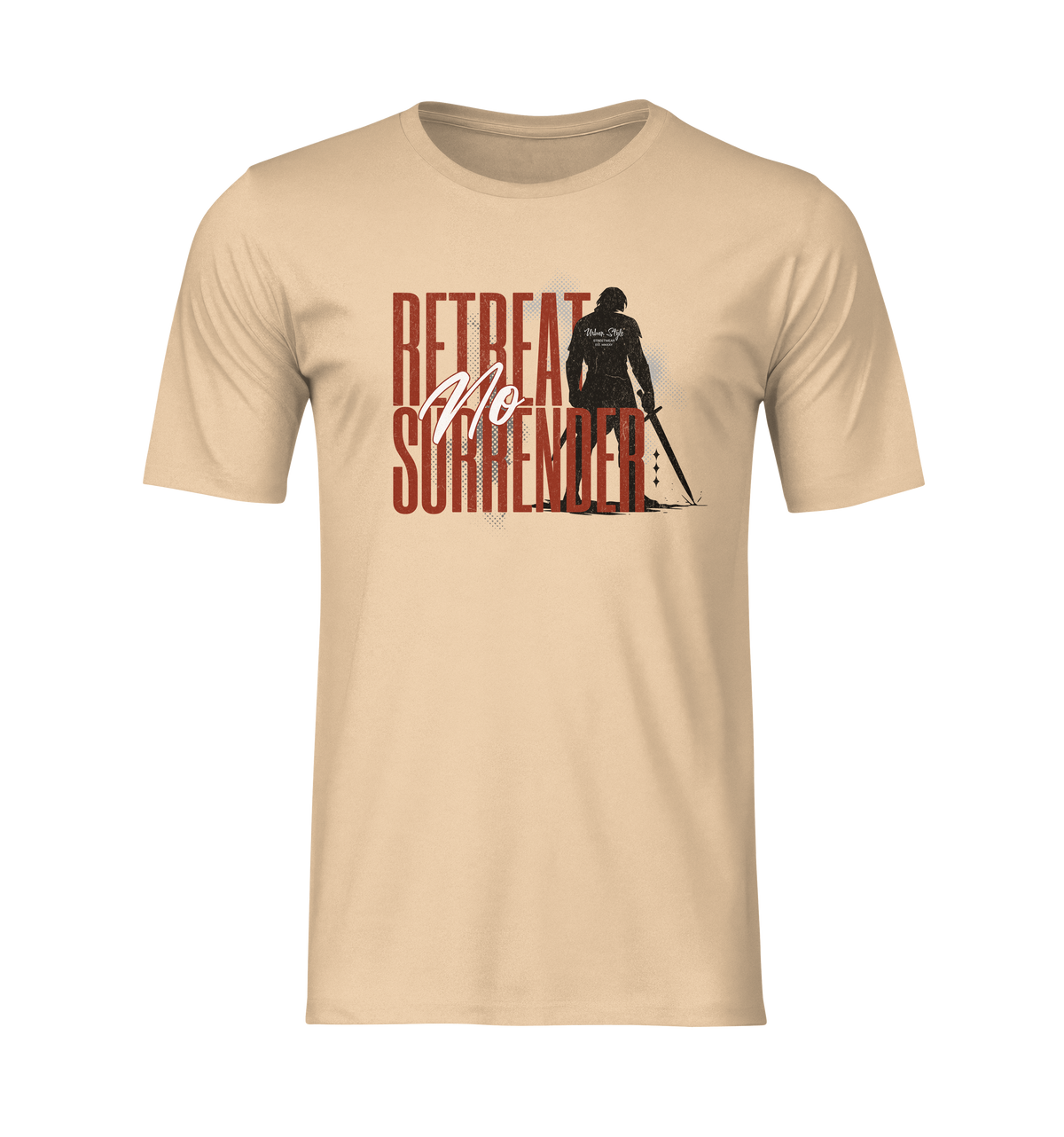 “No Retreat No Surrender” sanddune tee by KRASSWERK – isolated ghost mockup showing bold typography and lone warrior silhouette with sword, no background or model