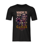 “Where Is My Coffee?” black tee by KRASSWERK – ghost mockup showcasing detailed zombie graphic and bold typography, no background or model