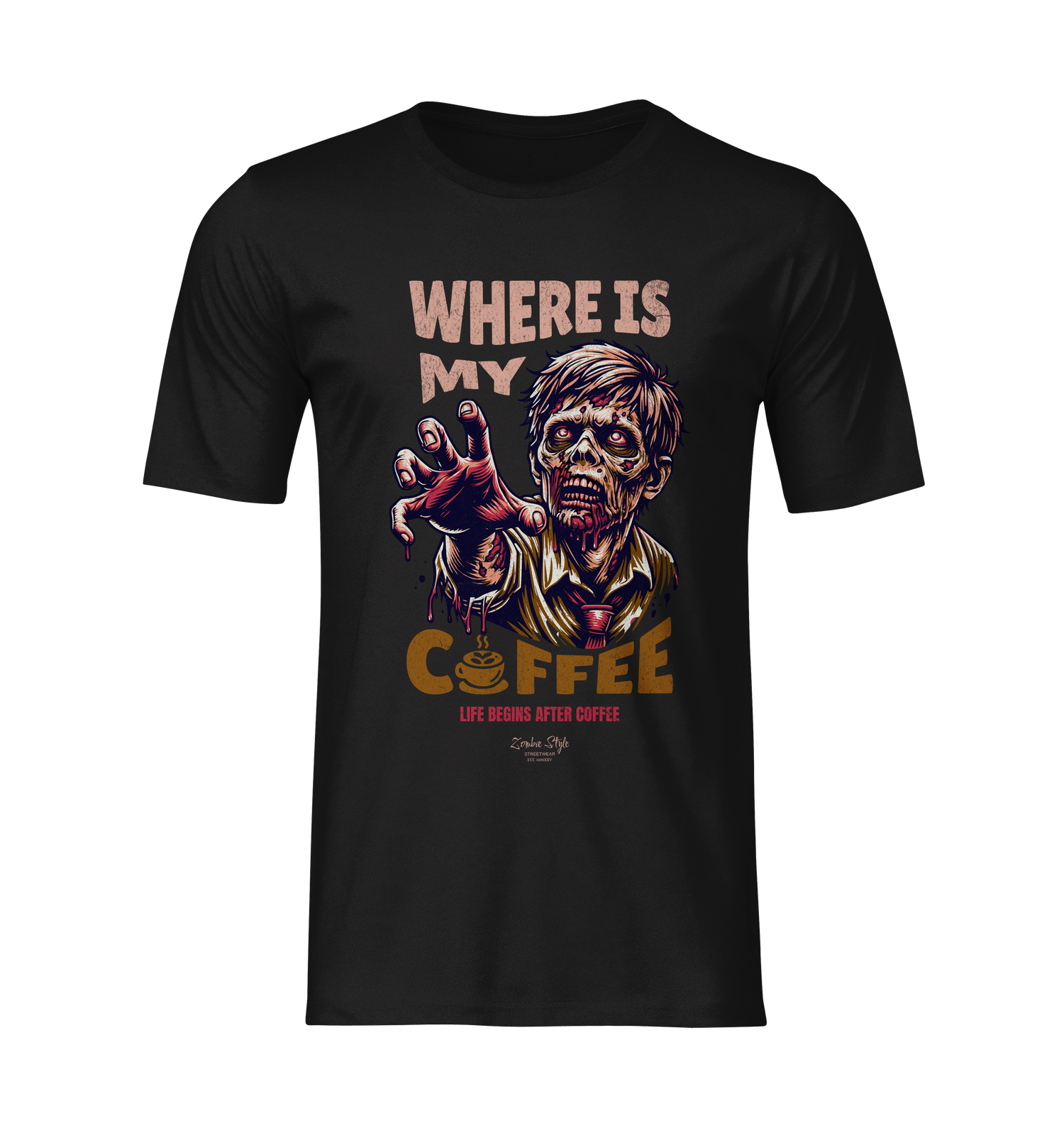“Where Is My Coffee?” black tee by KRASSWERK – ghost mockup showcasing detailed zombie graphic and bold typography, no background or model