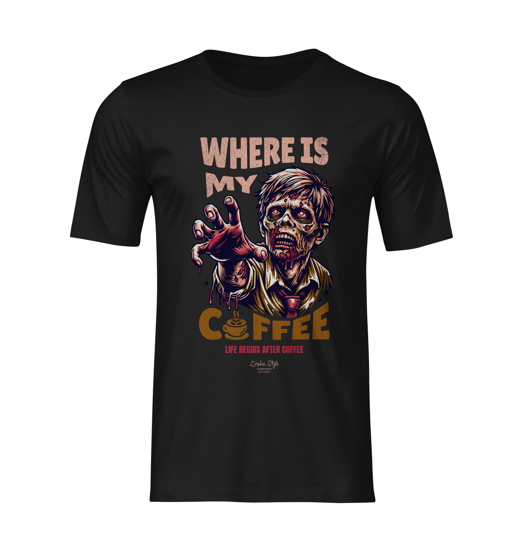 “Where Is My Coffee?” black tee by KRASSWERK – ghost mockup showcasing detailed zombie graphic and bold typography, no background or model