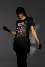 “Where Is My Coffee?” black tee by KRASSWERK – worn by female model in moody studio lighting, featuring zombie graphic and minimalist dark styling