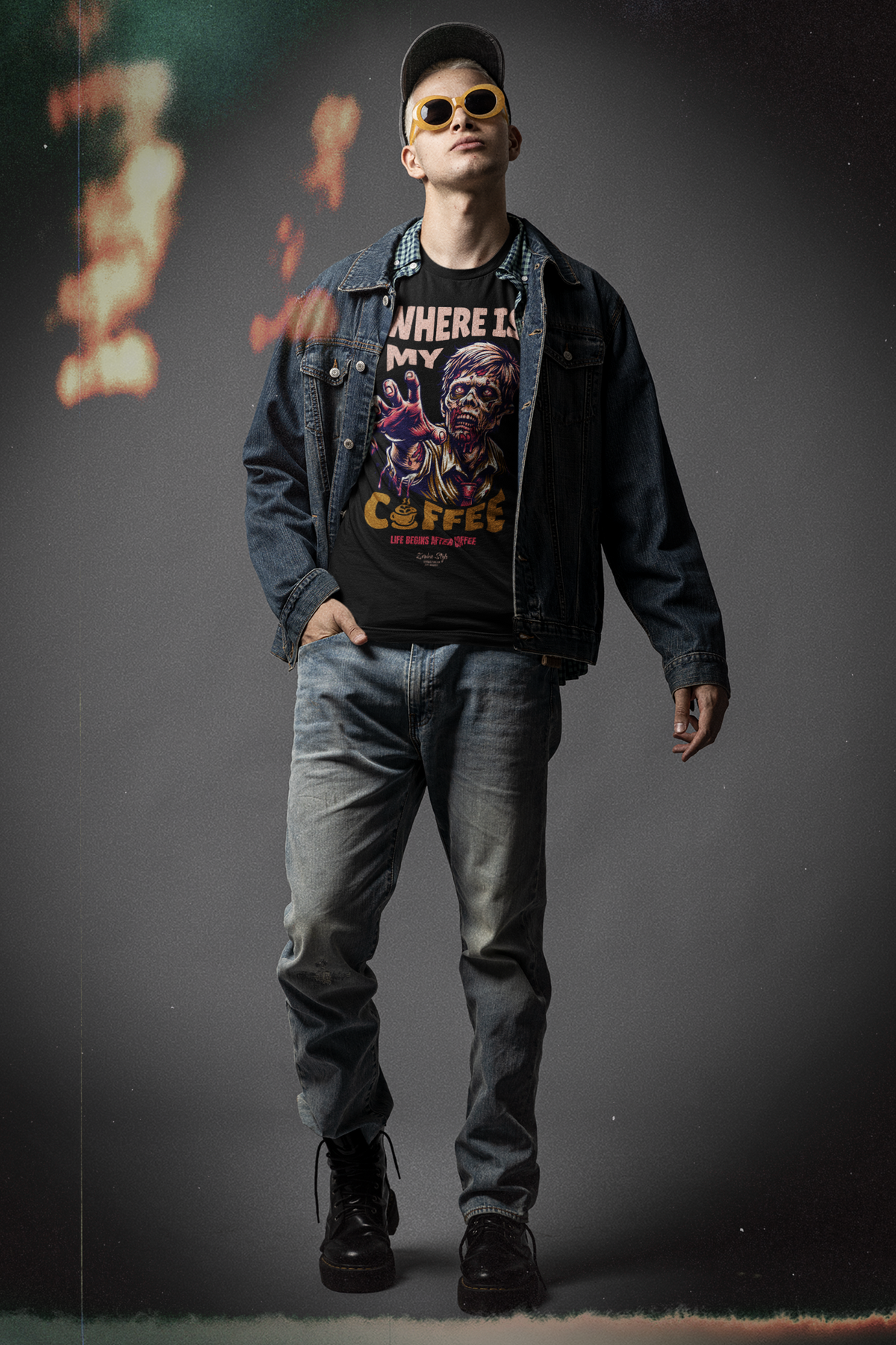 “Where Is My Coffee?” black tee by KRASSWERK – worn by male model in vintage-style setup with denim layering, zombie graphic, and distressed visual effects