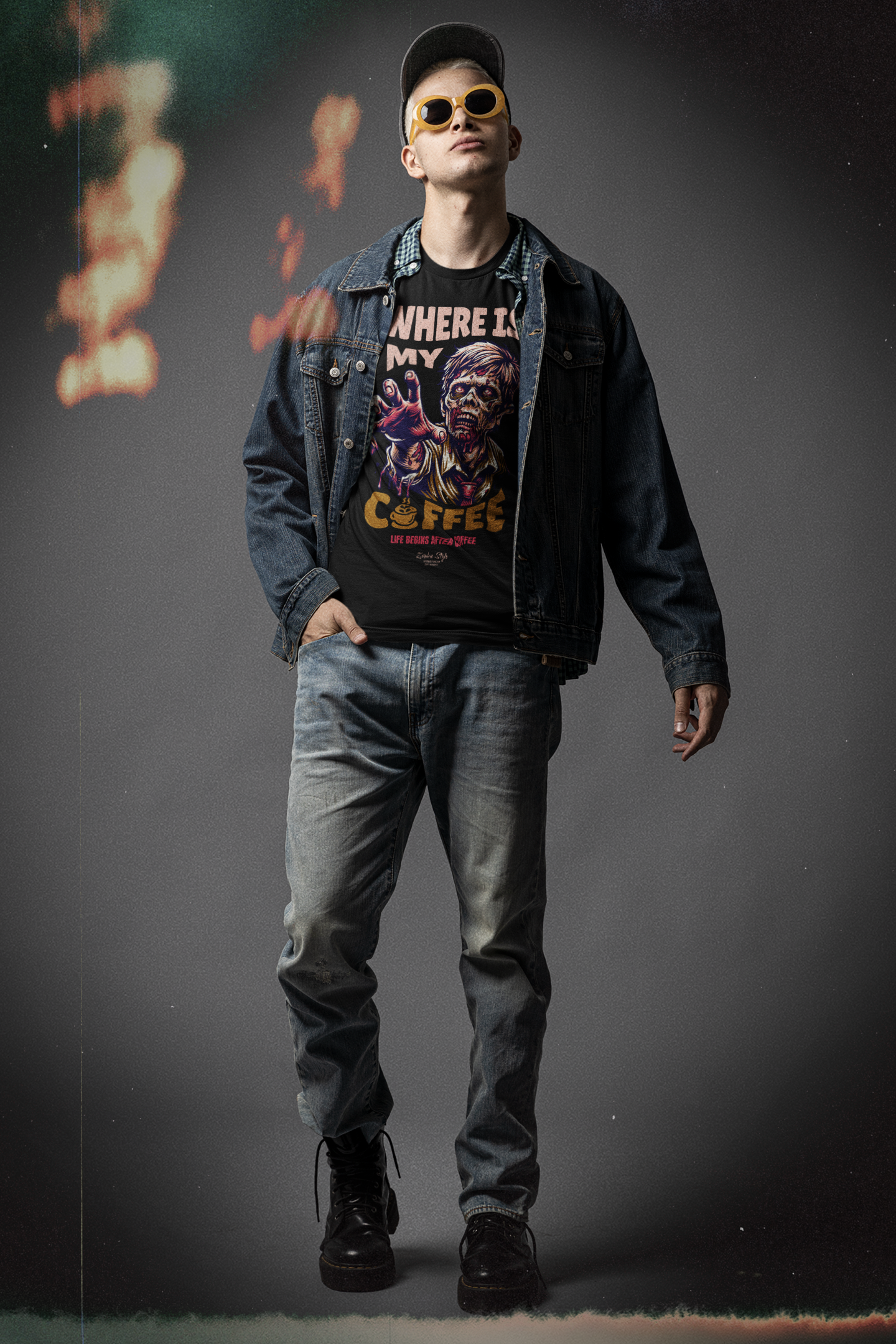 “Where Is My Coffee?” black tee by KRASSWERK – worn by male model in vintage-style setup with denim layering, zombie graphic, and distressed visual effects