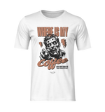 “Where Is My Coffee?” white tee by KRASSWERK – ghost mockup with bold zombie illustration and comic caffeine twist, no background or model