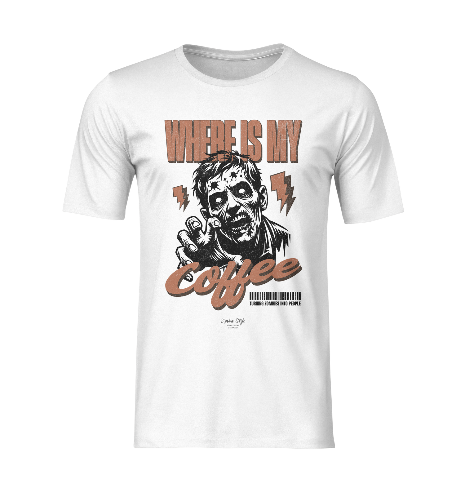 “Where Is My Coffee?” white tee by KRASSWERK – ghost mockup with bold zombie illustration and comic caffeine twist, no background or model