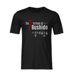 The 7 Virtues of Bushido black tee by KRASSWERK – ghost mockup showing centered kanji and typographic design, no background or model