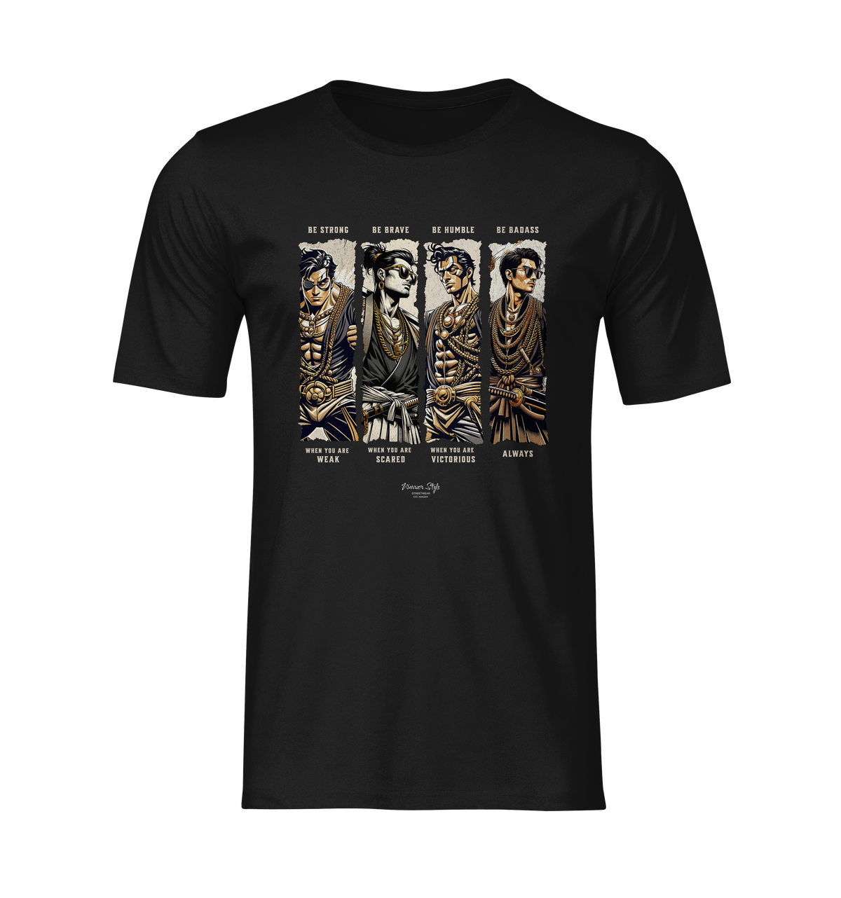 “BADASS” black tee by KRASSWERK – ghost mockup showcasing four illustrated warrior figures with text, no background or model