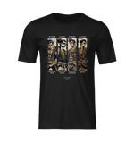 “BADASS” black tee by KRASSWERK – ghost mockup showcasing four illustrated warrior figures with text, no background or model