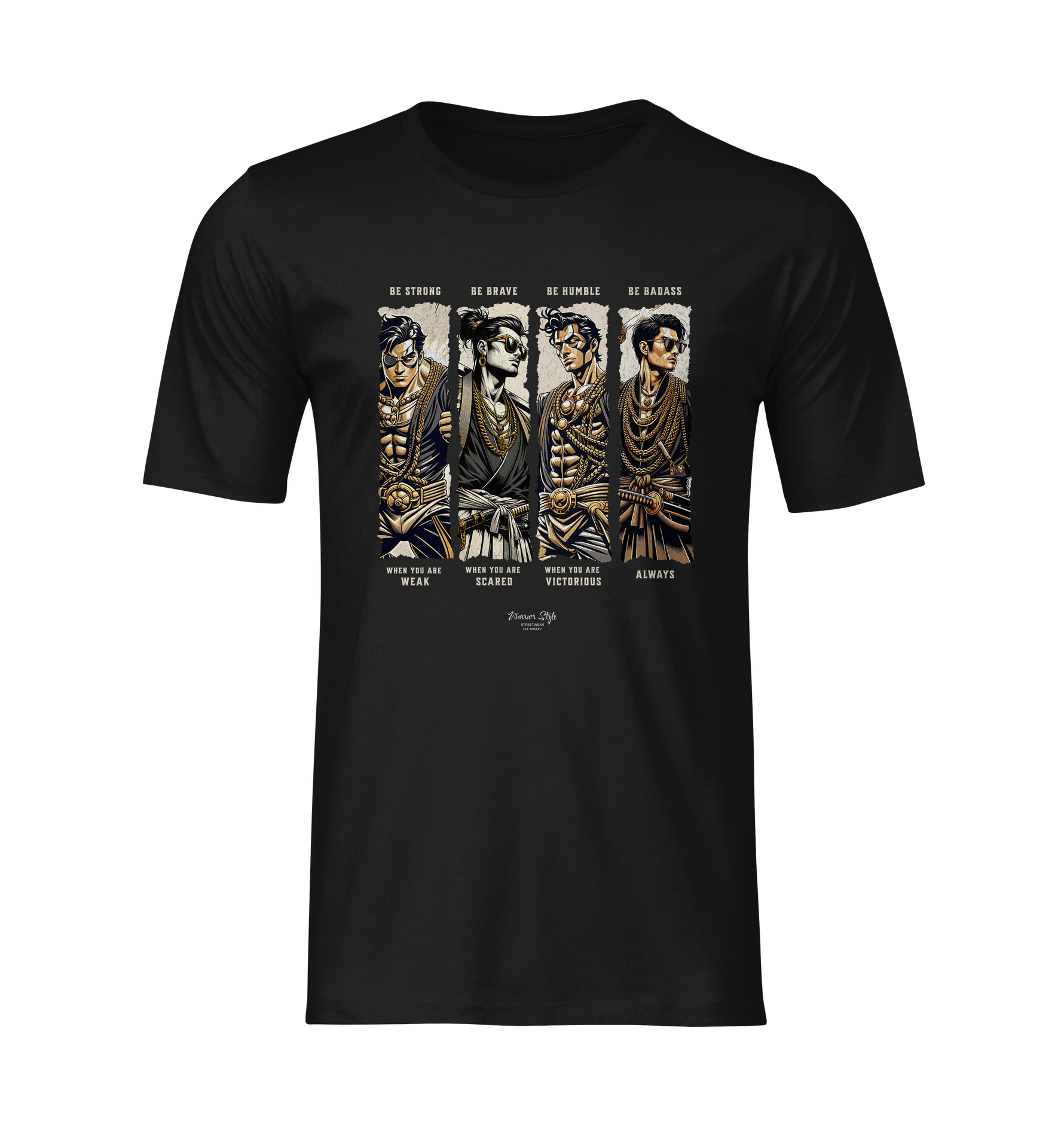 “BADASS” black tee by KRASSWERK – ghost mockup showcasing four illustrated warrior figures with text, no background or model