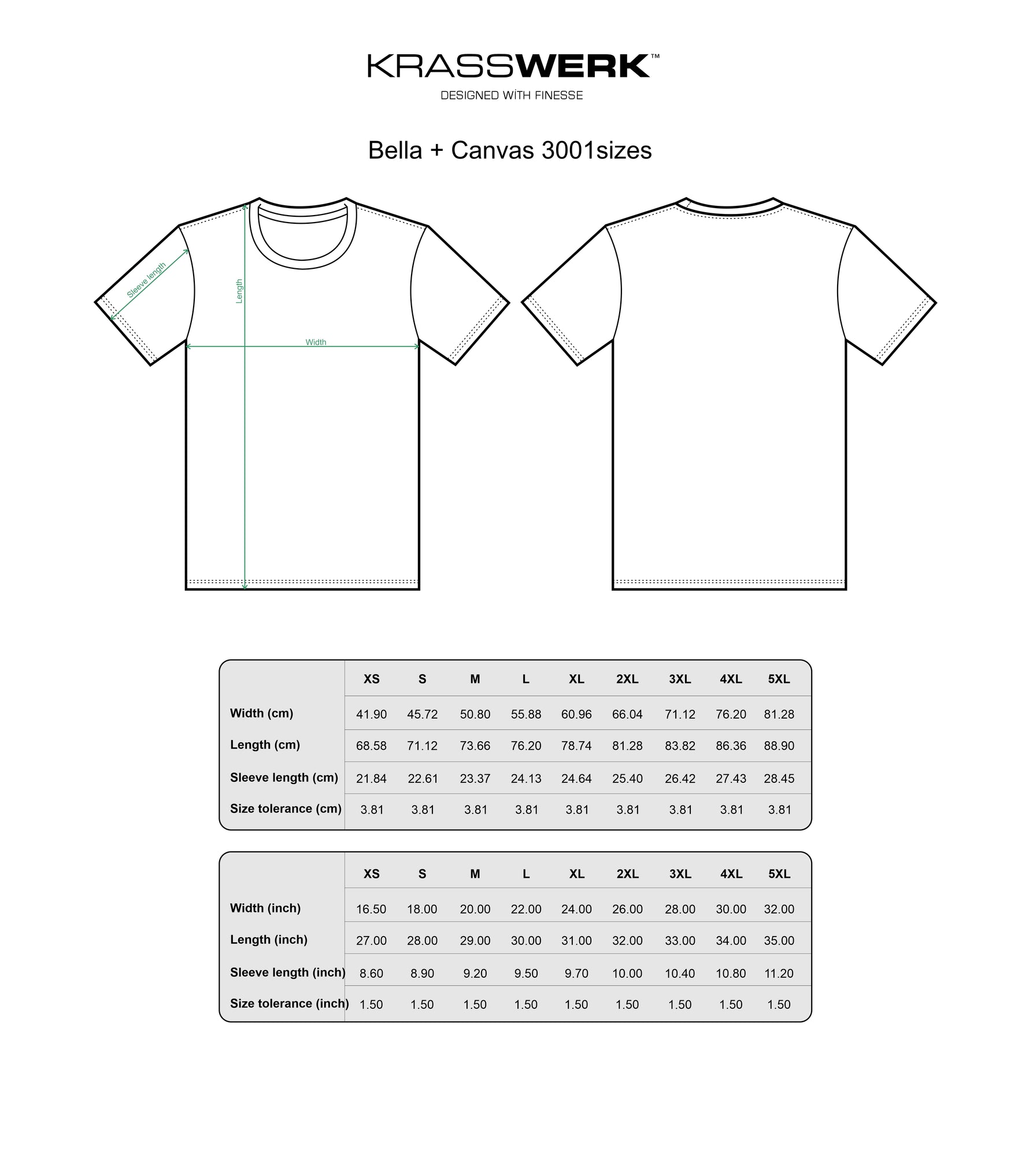 KRASSWERK - BELLA CANVAS 3001 Size Chart in inch and cm