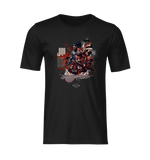 “JIN” black t-shirt by KRASSWERK – ghost mockup display, centered on powerful samurai graphic with red-black contrast and compassion message, no background or model