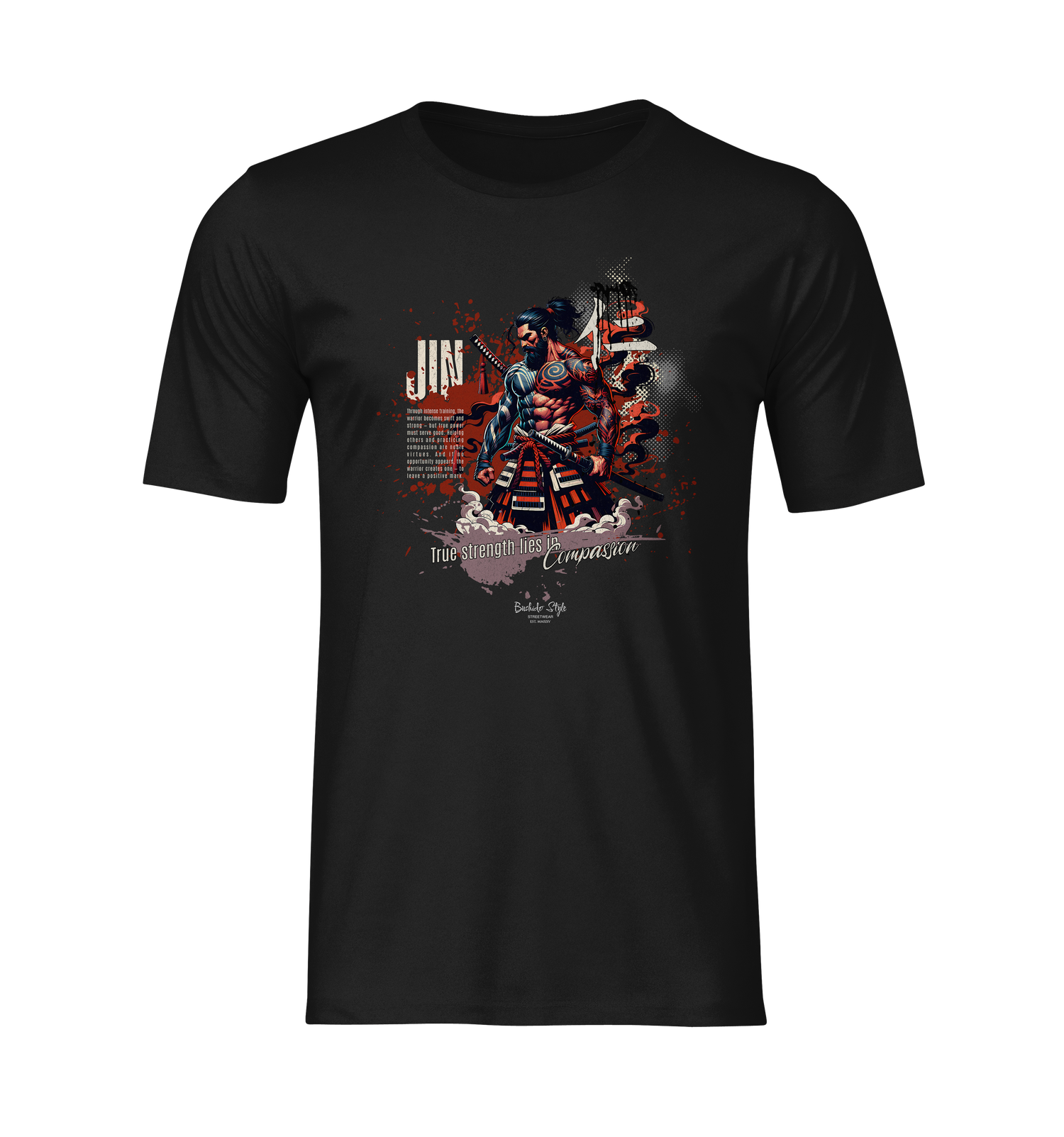 “JIN” black t-shirt by KRASSWERK – ghost mockup display, centered on powerful samurai graphic with red-black contrast and compassion message, no background or model