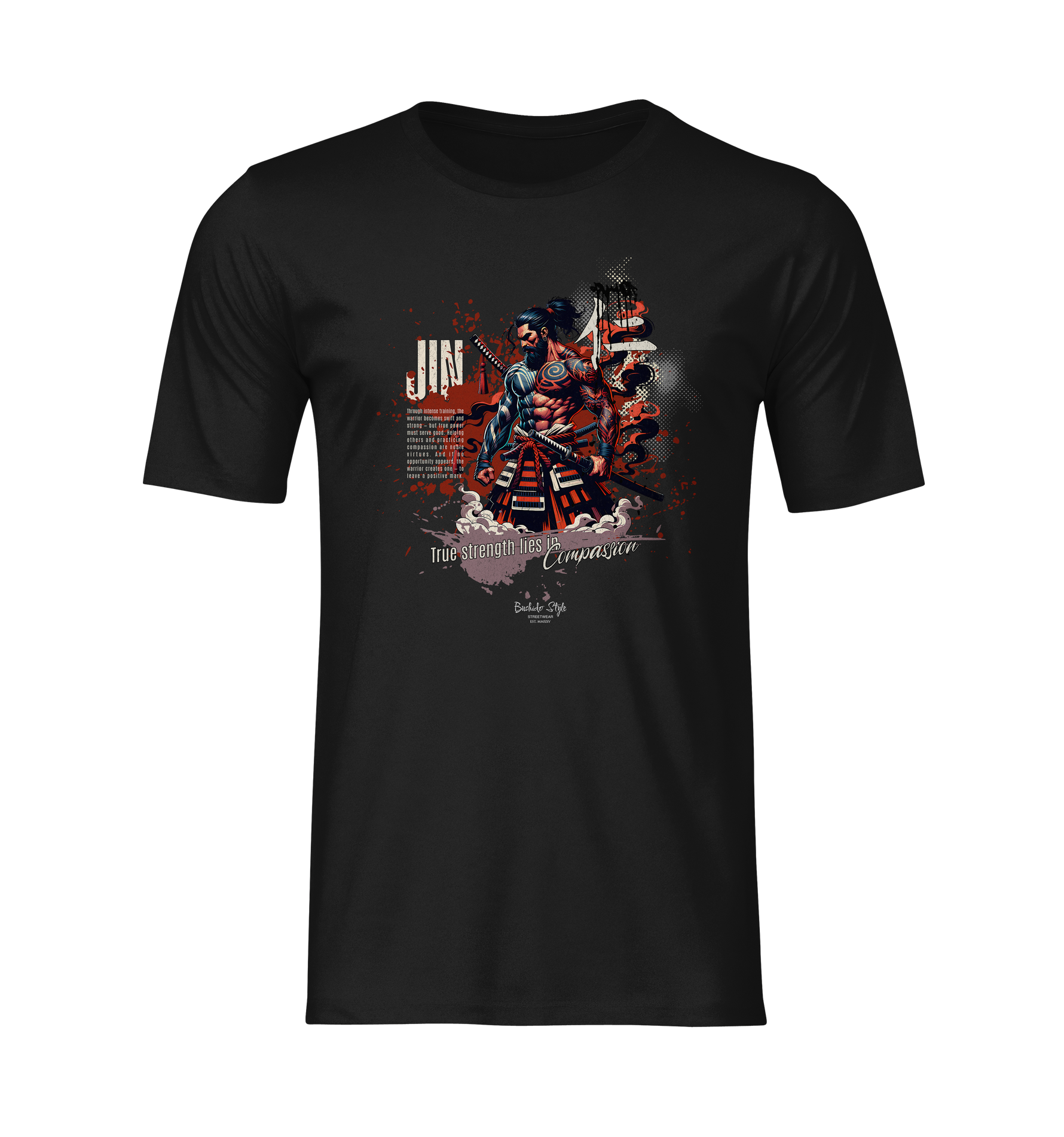 “JIN” black t-shirt by KRASSWERK – ghost mockup display, centered on powerful samurai graphic with red-black contrast and compassion message, no background or model