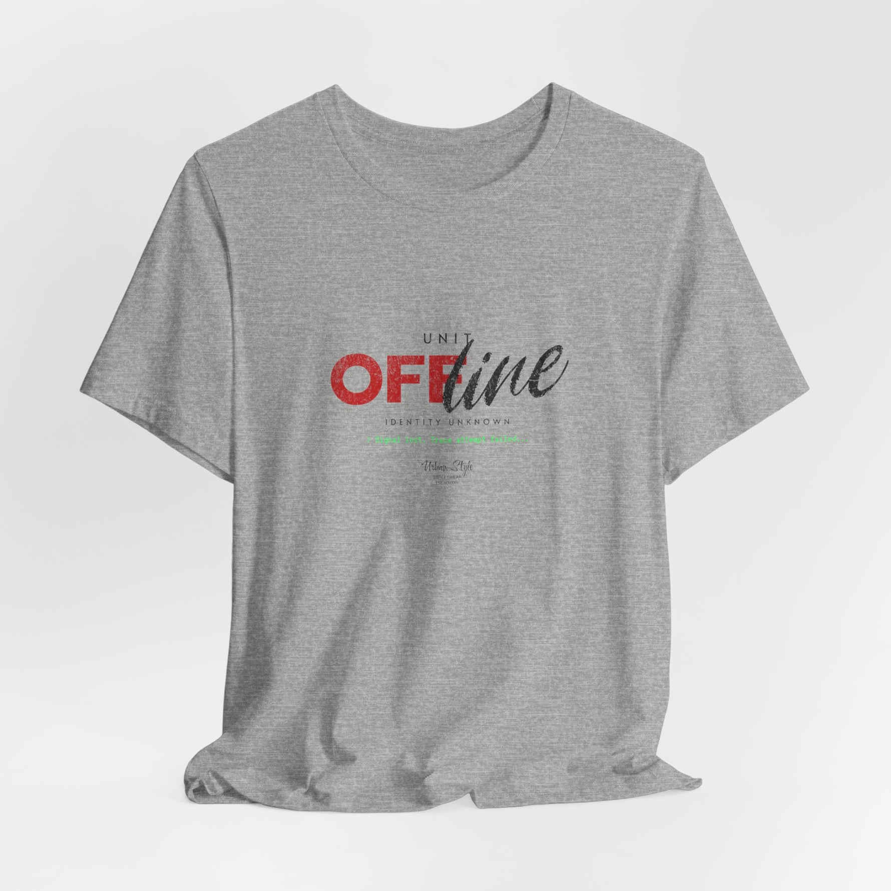 The UNIT OFFLINE t-shirt in athletic heather — a clean trace that vanishes mid-transmission.