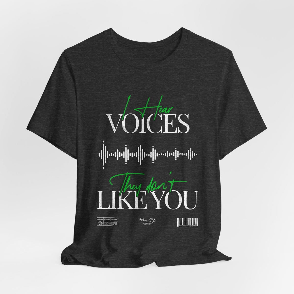 The VOICES t-shirt in Dark Heather Grey — like static in your mind, low and constant.
