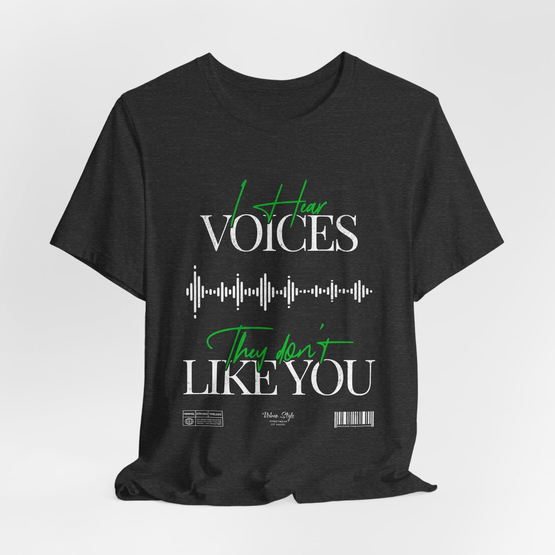 The VOICES t-shirt in Dark Heather Grey — like static in your mind, low and constant.
