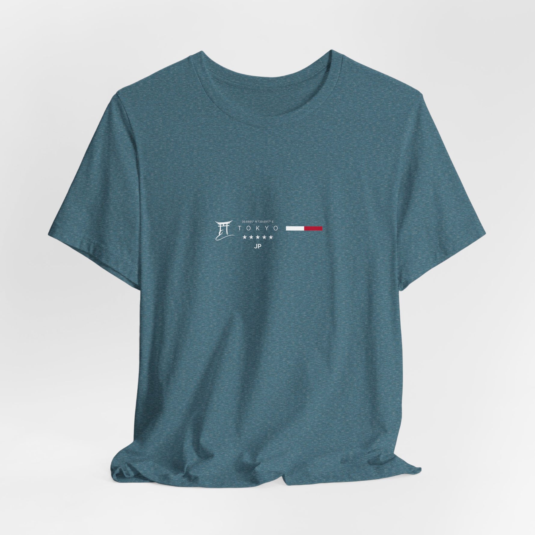 The TOKYO t-shirt in Heather Deep Teal — 3D mockup in a subdued blue-green tone. No background, no model.