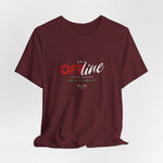 The UNIT OFFLINE t-shirt in maroon — memory corrupted, presence vanished.