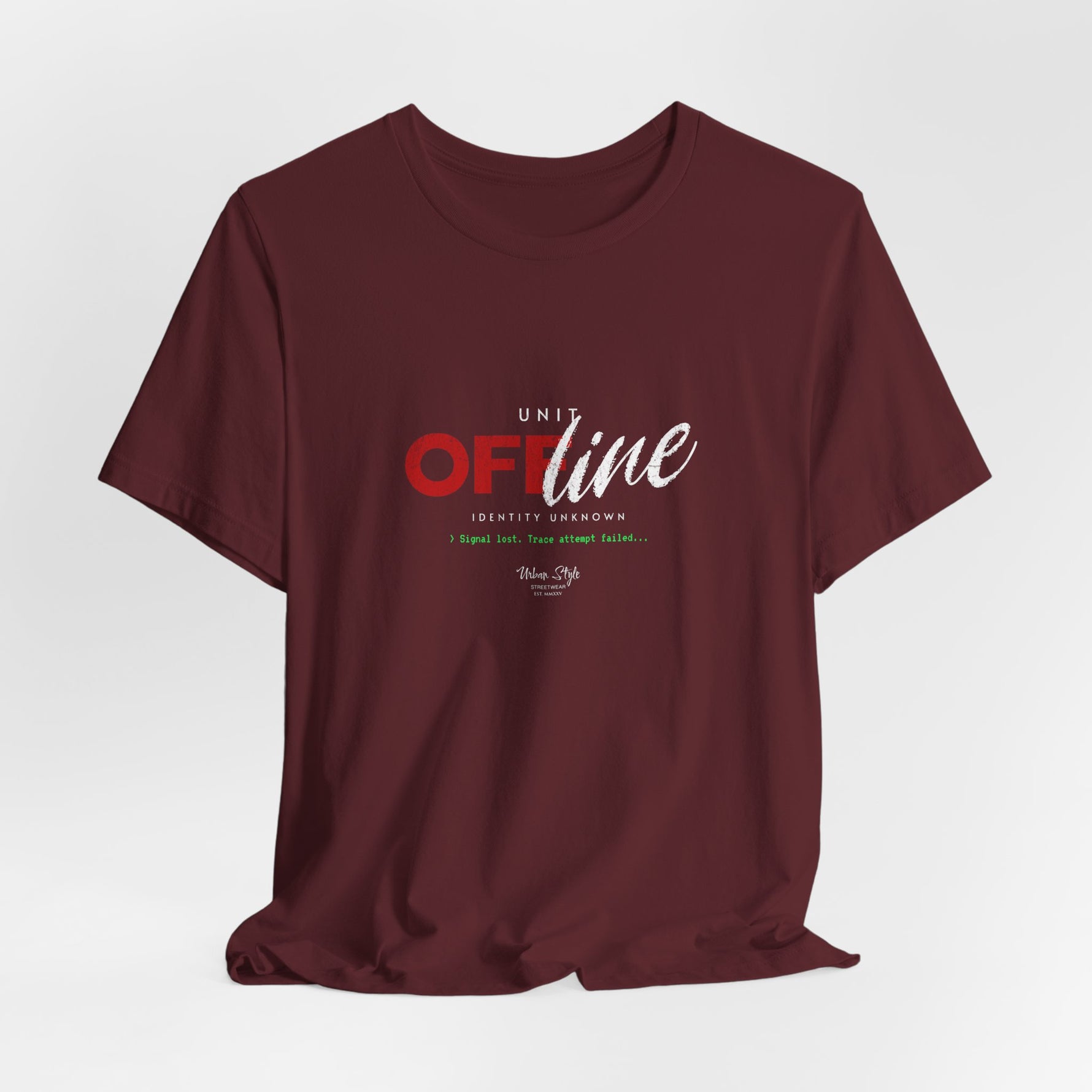 The UNIT OFFLINE t-shirt in maroon — memory corrupted, presence vanished.